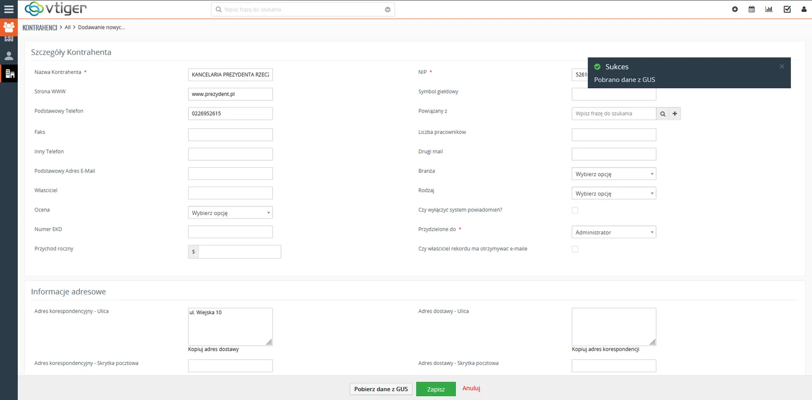 Integracja Vtiger CRM z GUS – automatyczne pobieranie danych firmy po NIP