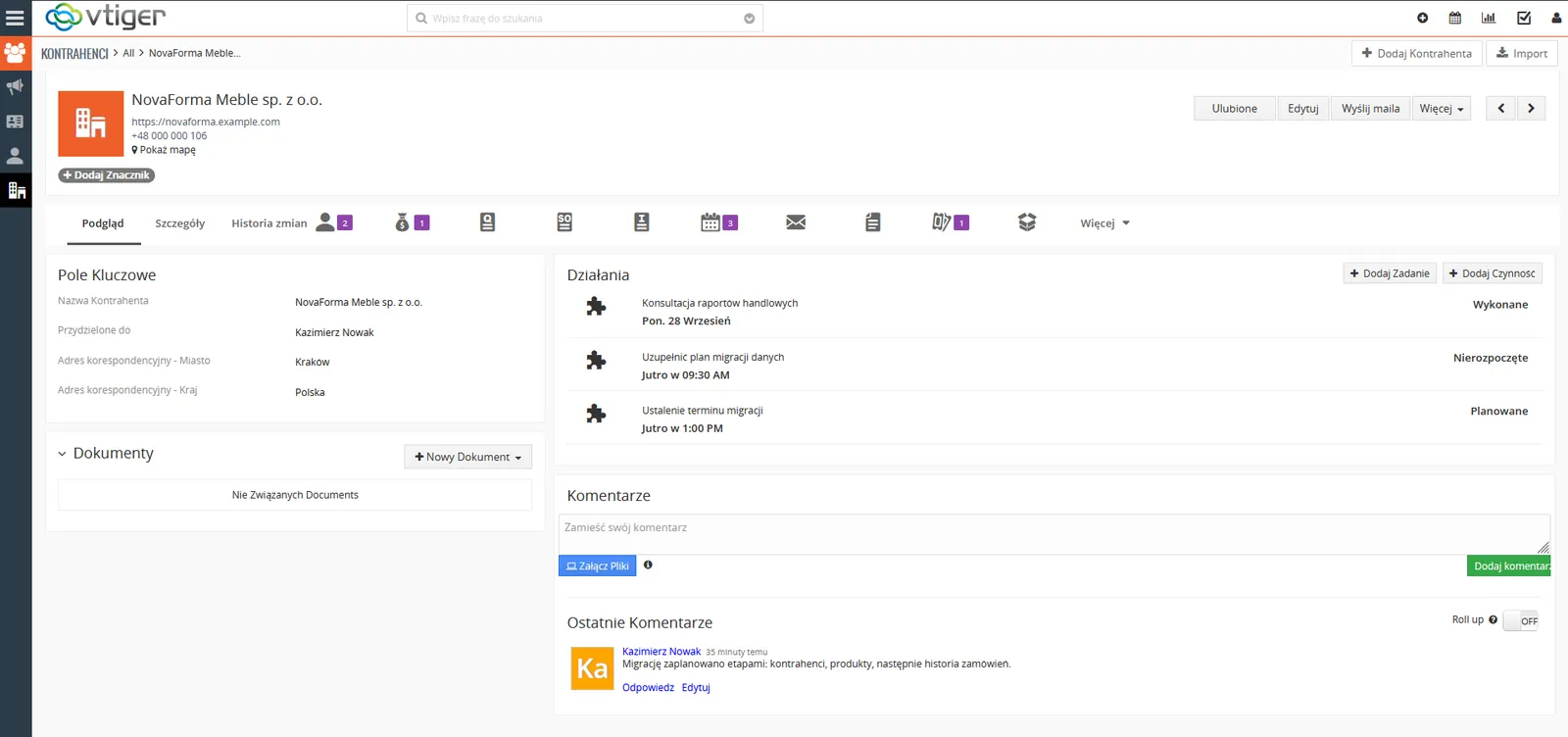 Profil kontrahenta w Vtiger CRM z działaniami, dokumentami i komentarzami