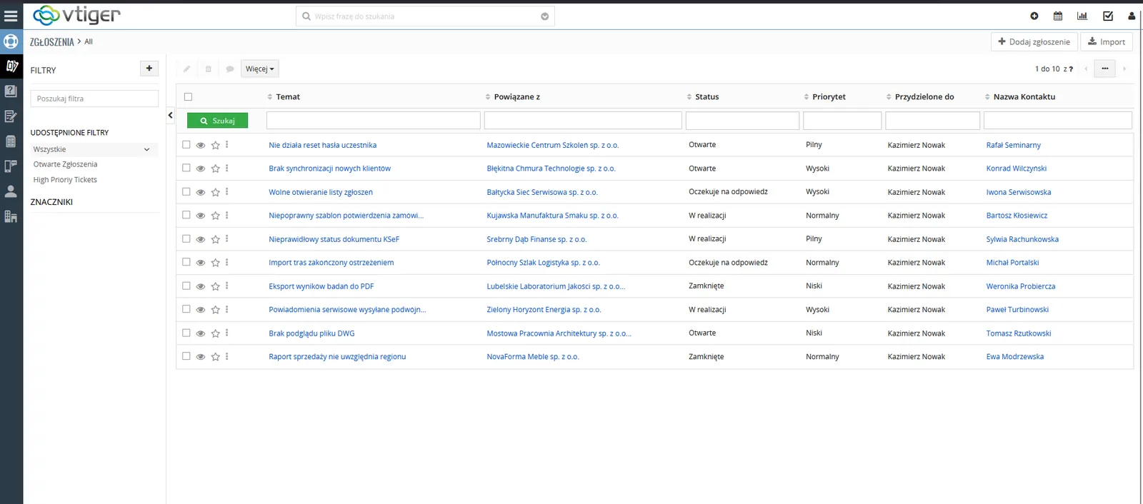Lista zgłoszeń Help Desk w Vtiger CRM ze statusami i priorytetami